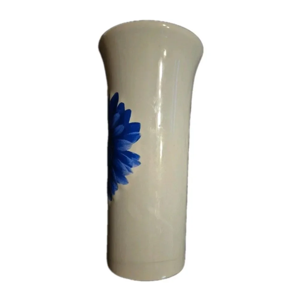 Blue Daisy White Ceramic Vase Fluted Rim Embossed & HPainted Yellow Center